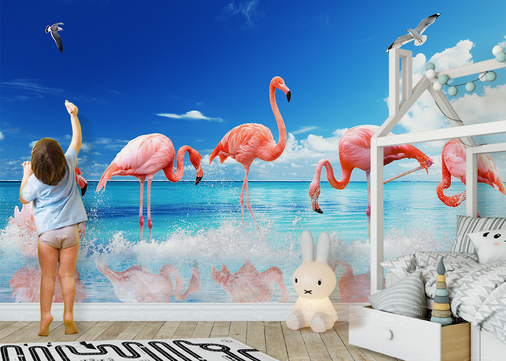 Cả bầy hạc lội nước như thật trong phòng bé với bầu trời xanh cho bé thích thú khi vui chơi