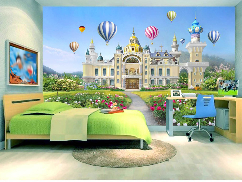 Lâu đài cổ tích trong phòng bé với khinh khí cầu đặc sắc