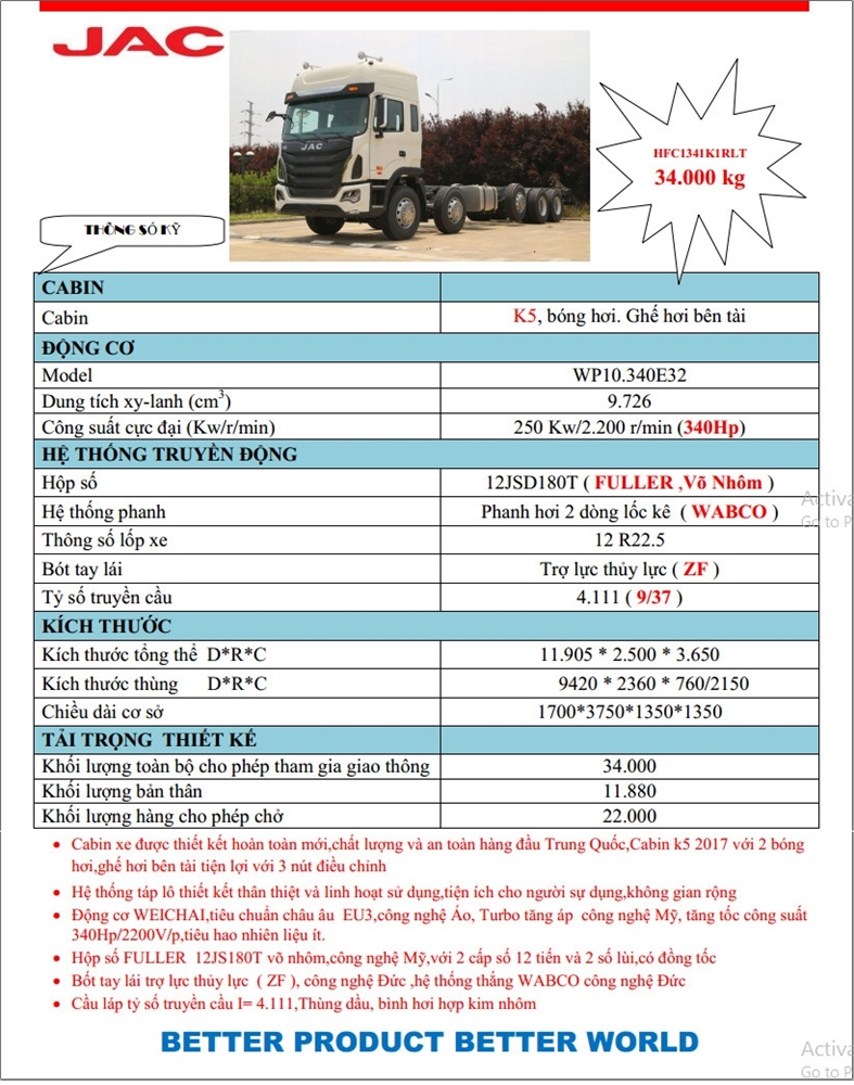 THÔNG SỐ KỸ THUẬT XE TẢI JAC 5 CHÂN K5 