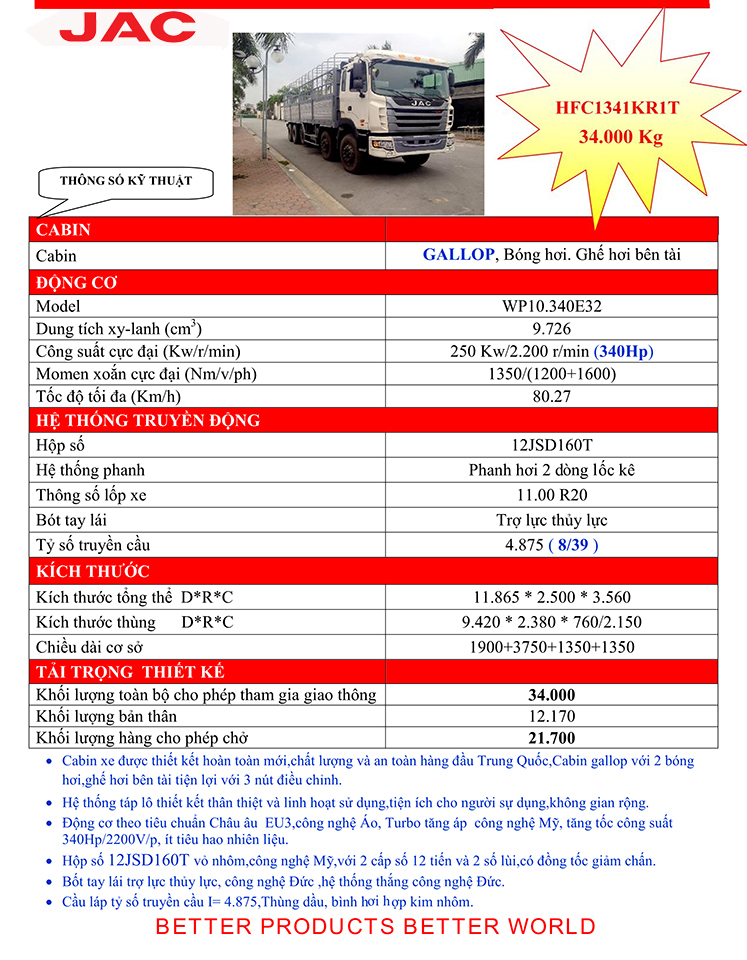 THÔNG SỐ KỸ THUẬT XE TẢI JAC 5 CHÂN GALLOP