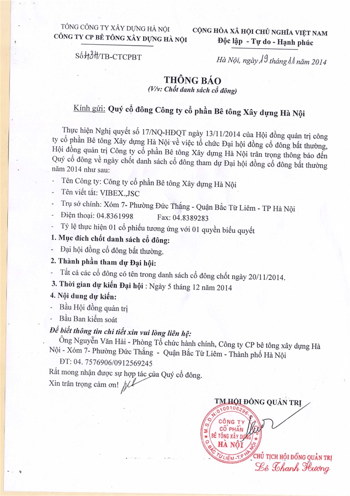 Thông báo chốt danh sách cổ đông Công ty cổ phần Bê tông Xây dựng Hà Nội dự Đại hội đồng cổ đông bất thường năm 2014