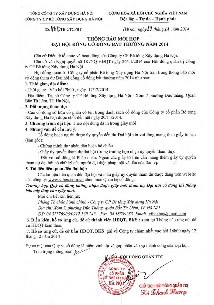 Thông báo mời họp Đại hội đồng cổ đông bất thường Công ty CP Bê tông Xây dựng Hà Nội năm 2014