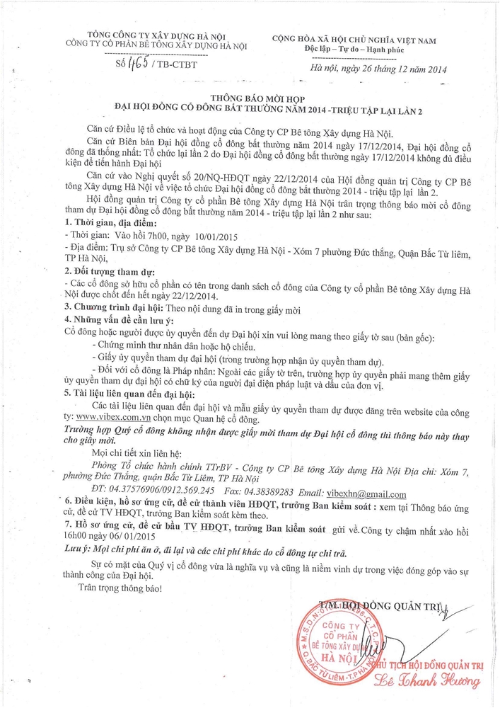 Thông báo mời họp Đại hội đồng cổ đông bất thường năm 2014 - triệu tập lại lần 2