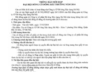 Thông báo mời họp Đại hội đồng cổ đông bất thường Công ty CP Bê tông Xây dựng Hà Nội năm 2014