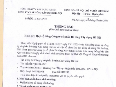 Thông báo chốt danh sách cổ đông Công ty cổ phần Bê tông Xây dựng Hà Nội dự Đại hội đồng cổ đông bất thường năm 2014