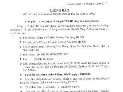 Thông báo chốt danh sách cổ đông để tham dự ĐHCĐ 2017