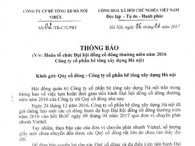 Thông báo tạm hoãn Đại hội đồng cổ đông thường niên năm 2016