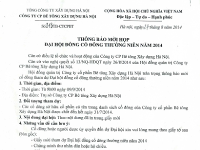 Thông báo mời họp Đại hội đồng cổ đông thường niên năm 2014