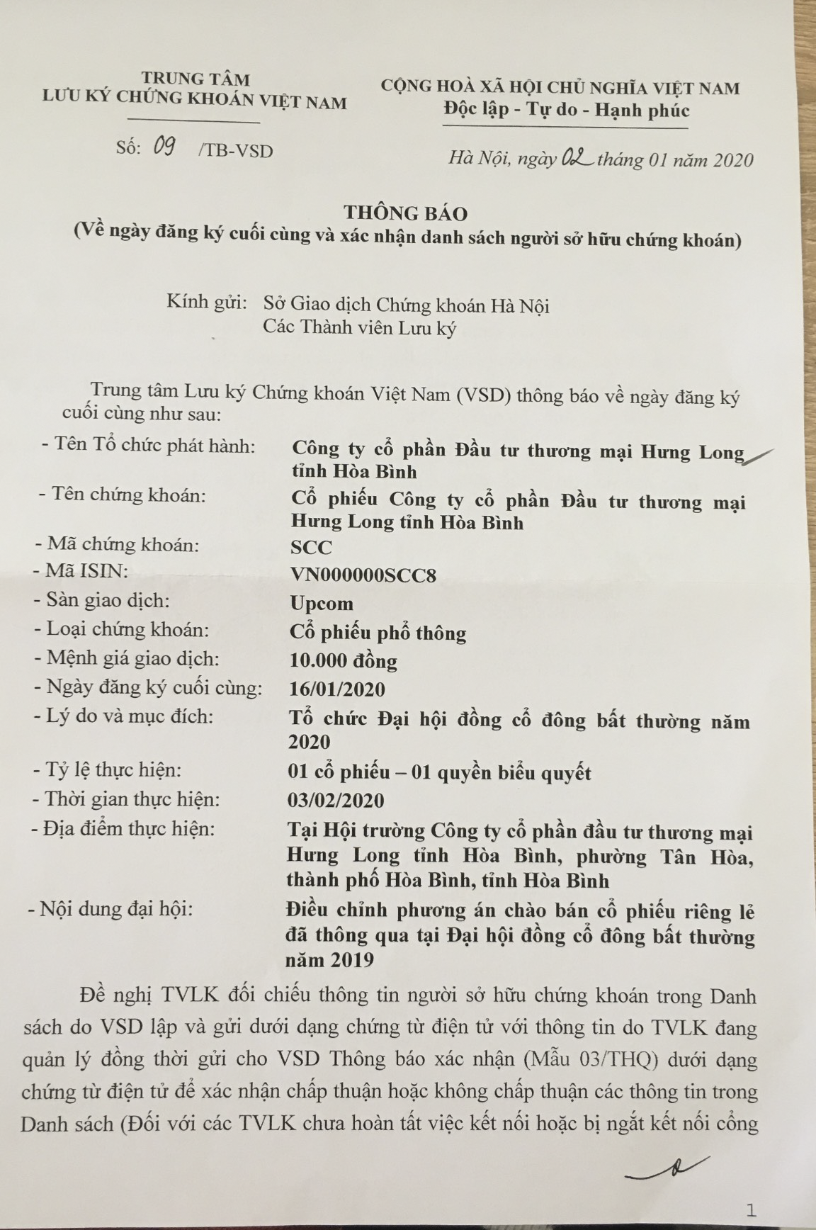 Thông báo về ngày đăng ký cuối cùng và xác nhận danh sách người sở hữu chứng khoán. 1