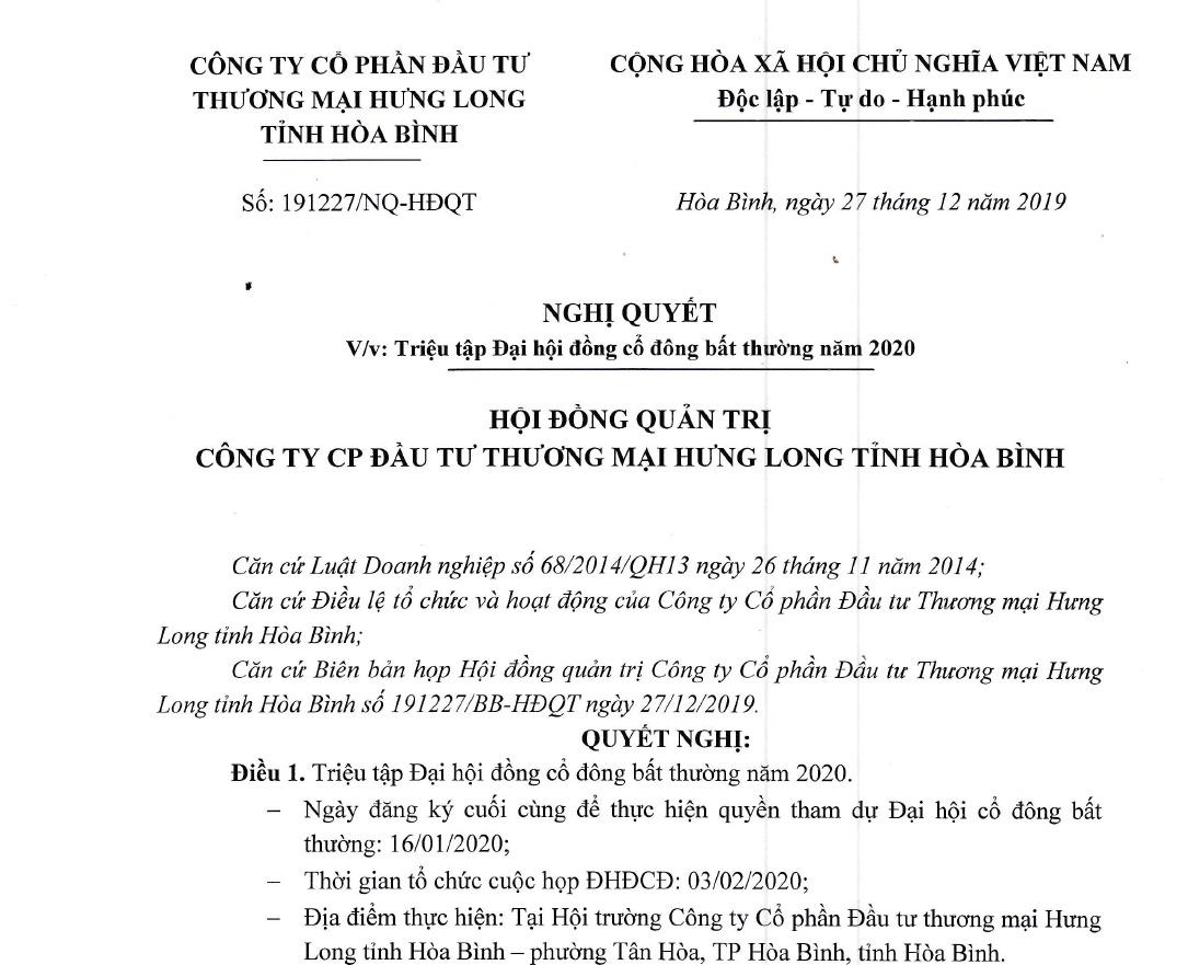 Mời họp Đại hội cổ đông bất thường Công ty năm 2020