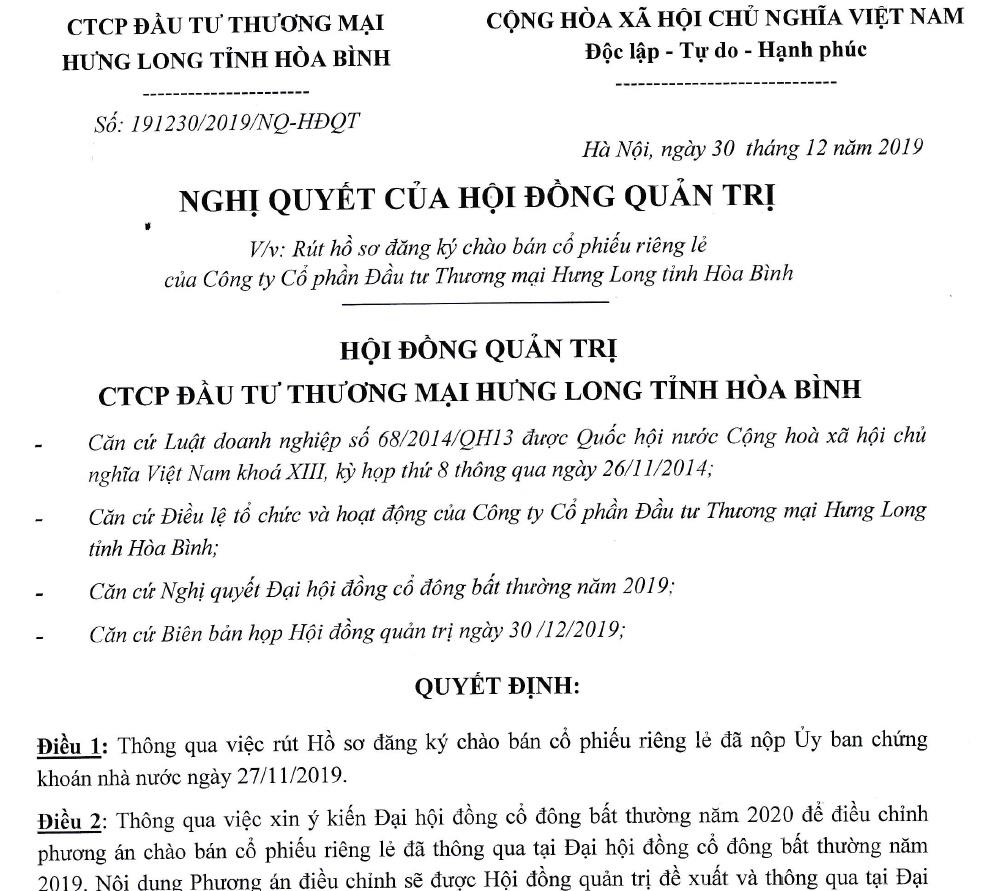 Nghị quyết của HĐQT về việc rút hồ sơ đăng ký chào bán cổ phiếu riêng lẻ của Công ty