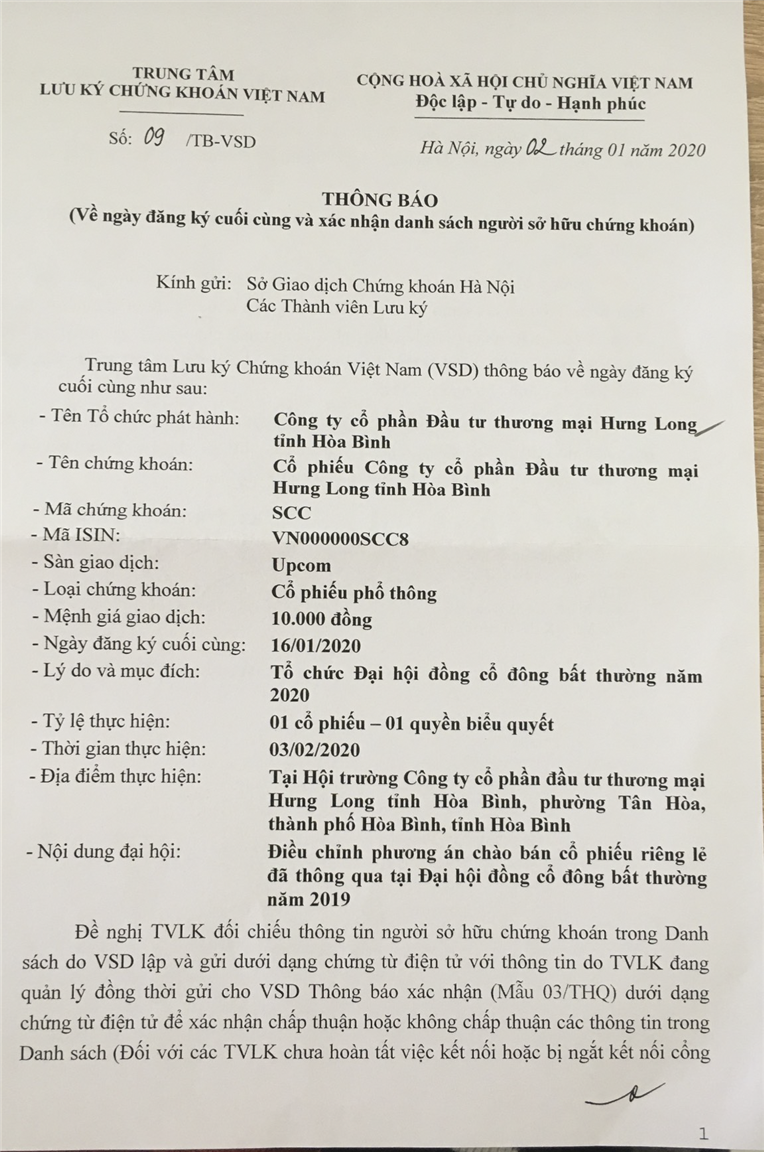 Thông báo về ngày đăng ký cuối cùng và xác nhận danh sách người sở hữu chứng khoán