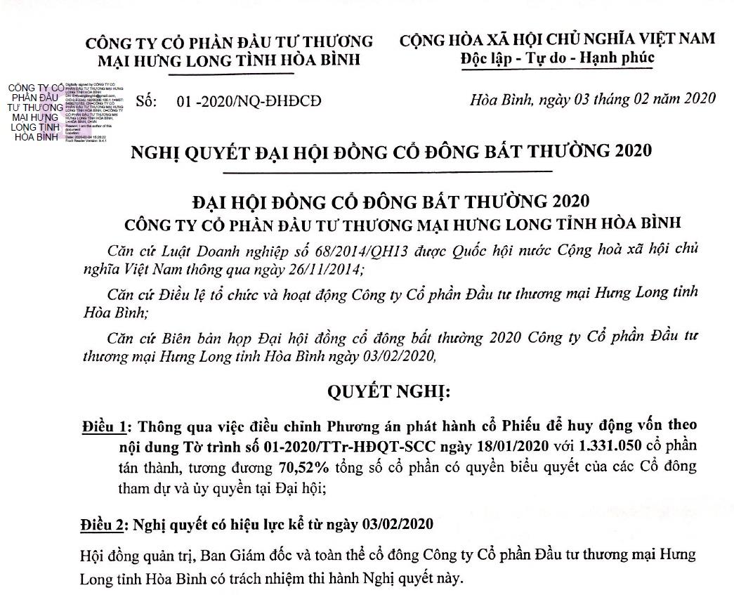 Công bố thông tin Nghị quyết họp ĐHCĐ số 01-2020-NQ-ĐHĐCĐ ngày 03.02.2020