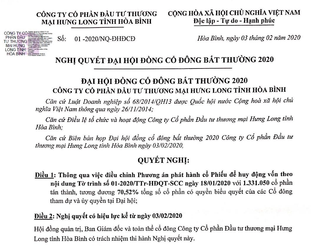 Công bố thông tin Nghị quyết họp ĐHCĐ bất thường ngày 03.02.2020
