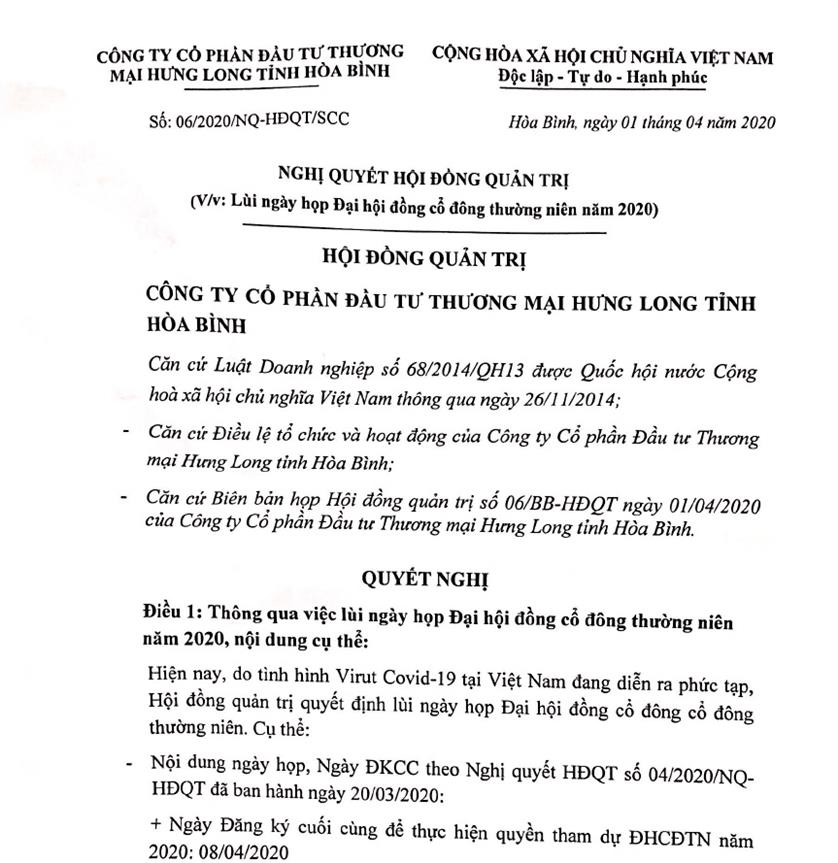 Công bố thông tin lùi ngày họp ĐHCĐ thường niên 2020