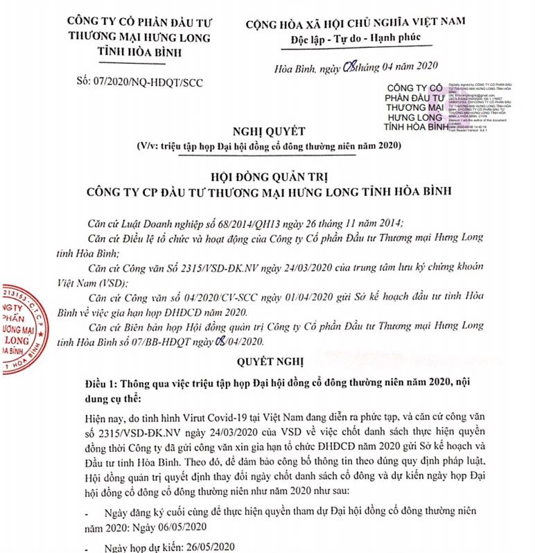 Công bố thông tin triệu tập họp Đại hội cổ đông thường niên 2020
