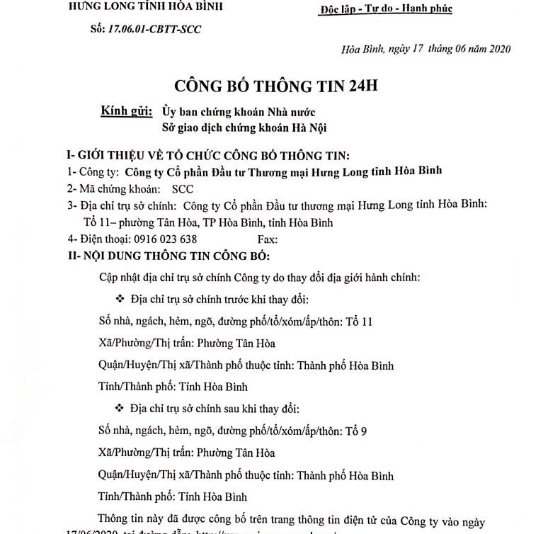 Công bố thông tin địa chỉ trụ sở Công ty