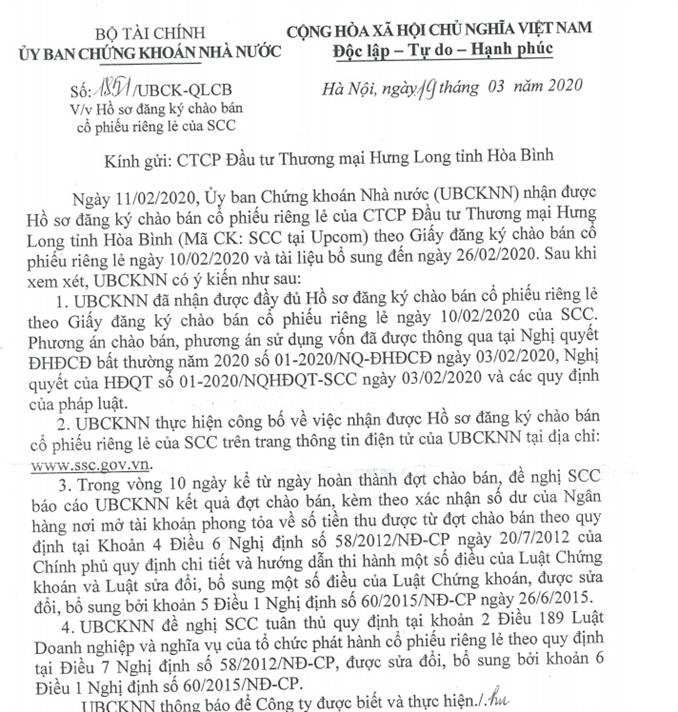 Thông báo hồ sơ chào bán cổ phiếu riêng lẻ mã chứng khoán SCC