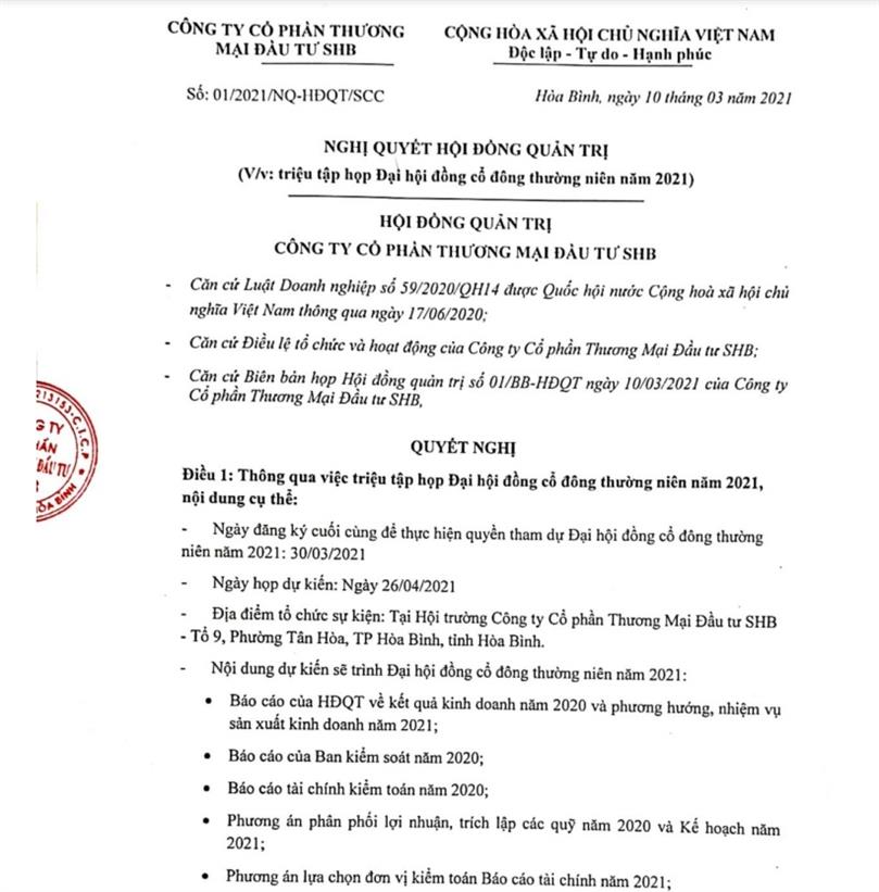 Nghị quyết hội đồng quản trị - v/v: triệu tập họp Đại hội đồng cổ đông thường niên năm 2021