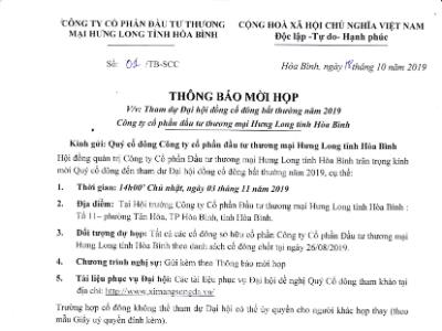 Thư mời họp Đại hội cổ đông bất thường năm 2019