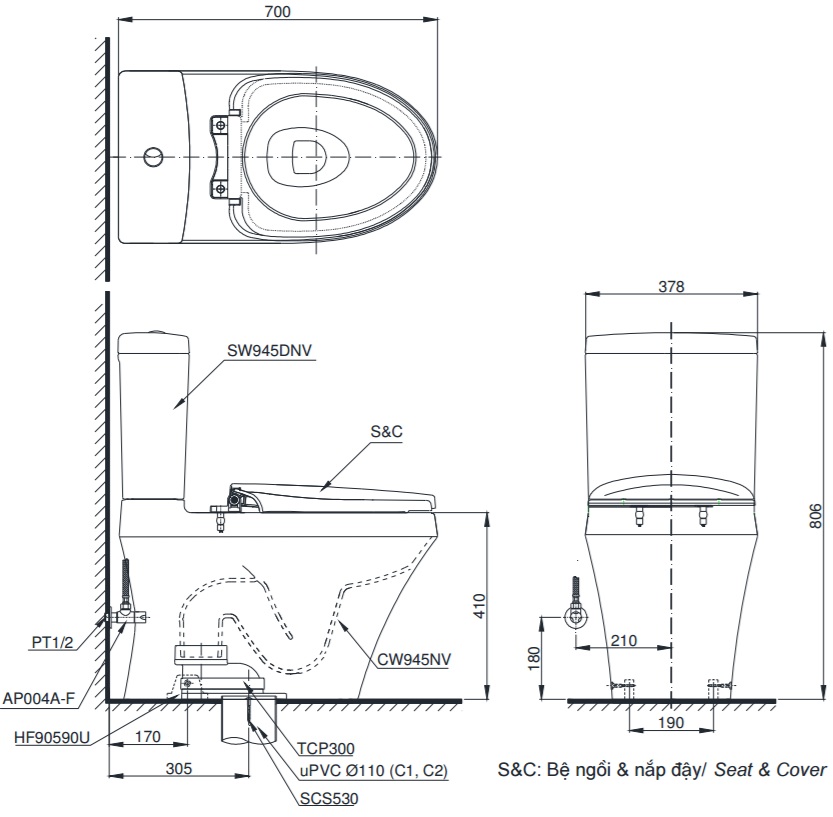 Bản vẽ kỹ thuật xí bệt TOTO C945