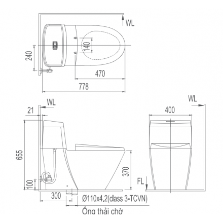 Bản vẽ bệ xí bệt Inax 909 xả nhấn nắp êm