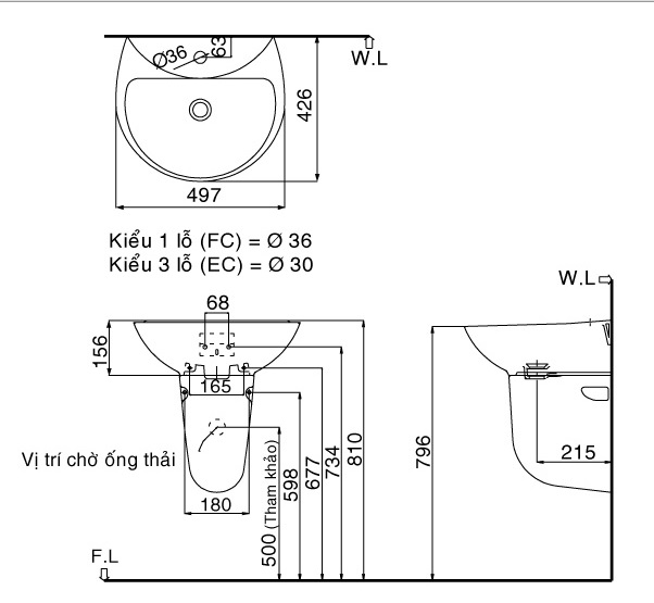 Bản vẽ bồn rửa mặt lavabo INAX L285V kèm chân L288VC