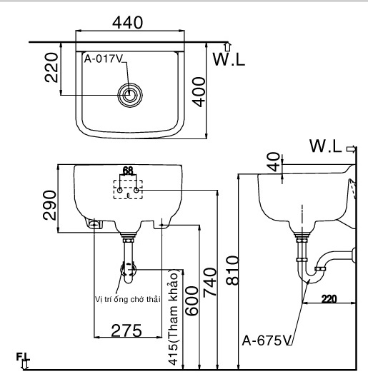 Bản vẽ bồn rửa mặt đa năng lavabo INAX S17V