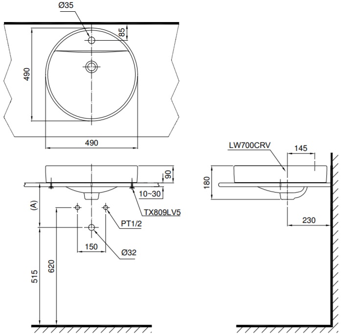 Bản vẽ kỹ thuật chậu lavabo TOTO LT700CTR#W đặt bàn