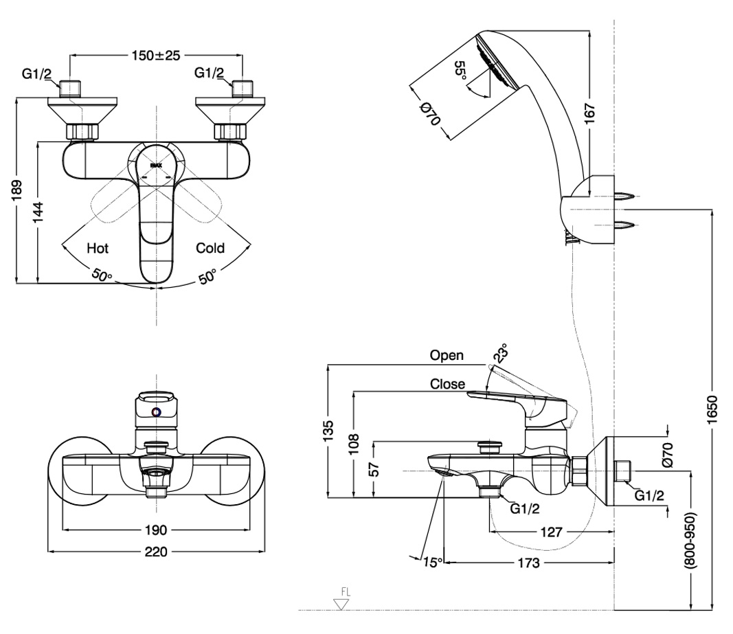 Bản vẽ vòi hoa sen tắm Inax BFV-1403S8C