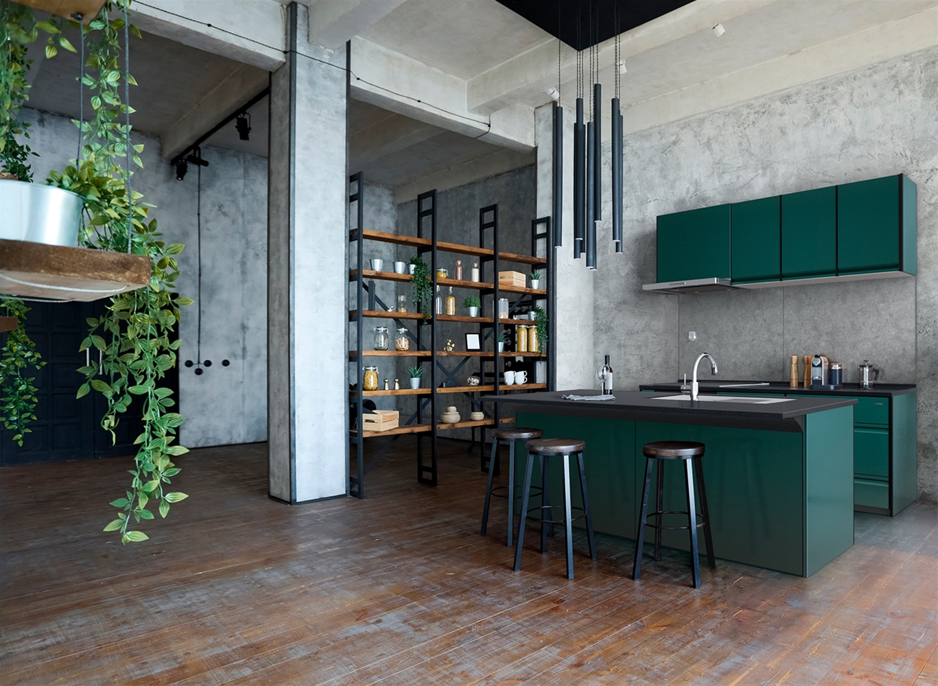 Tủ bếp Inox theo phong cách Vintage Modern của hệ tủ bếp Treasia màu Blue Green