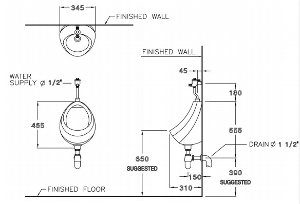 Bản vẽ kỹ thuật bồn tiểu nam Cotto C307