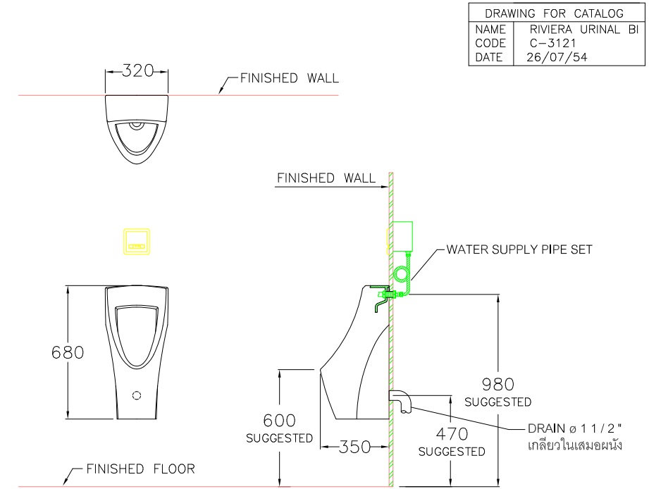 Bản vẽ kỹ thuật Bồn tiểu nam Cotto C31217BI