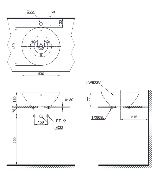 Bản vẽ bồn rửa lavabo TOTO LT523R#W (LT523S#W)