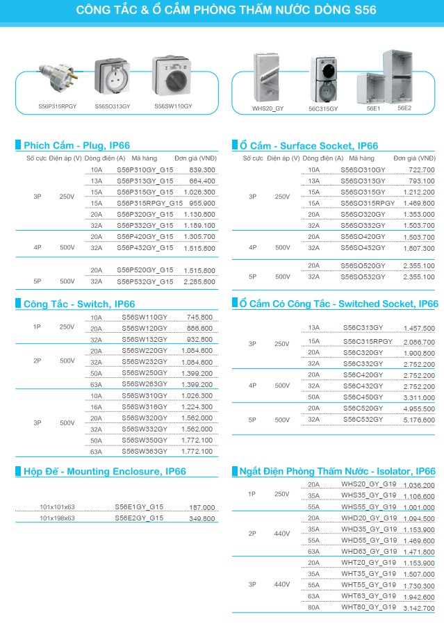 Công tắc và ổ cắm phòng thấm nước dòng S56